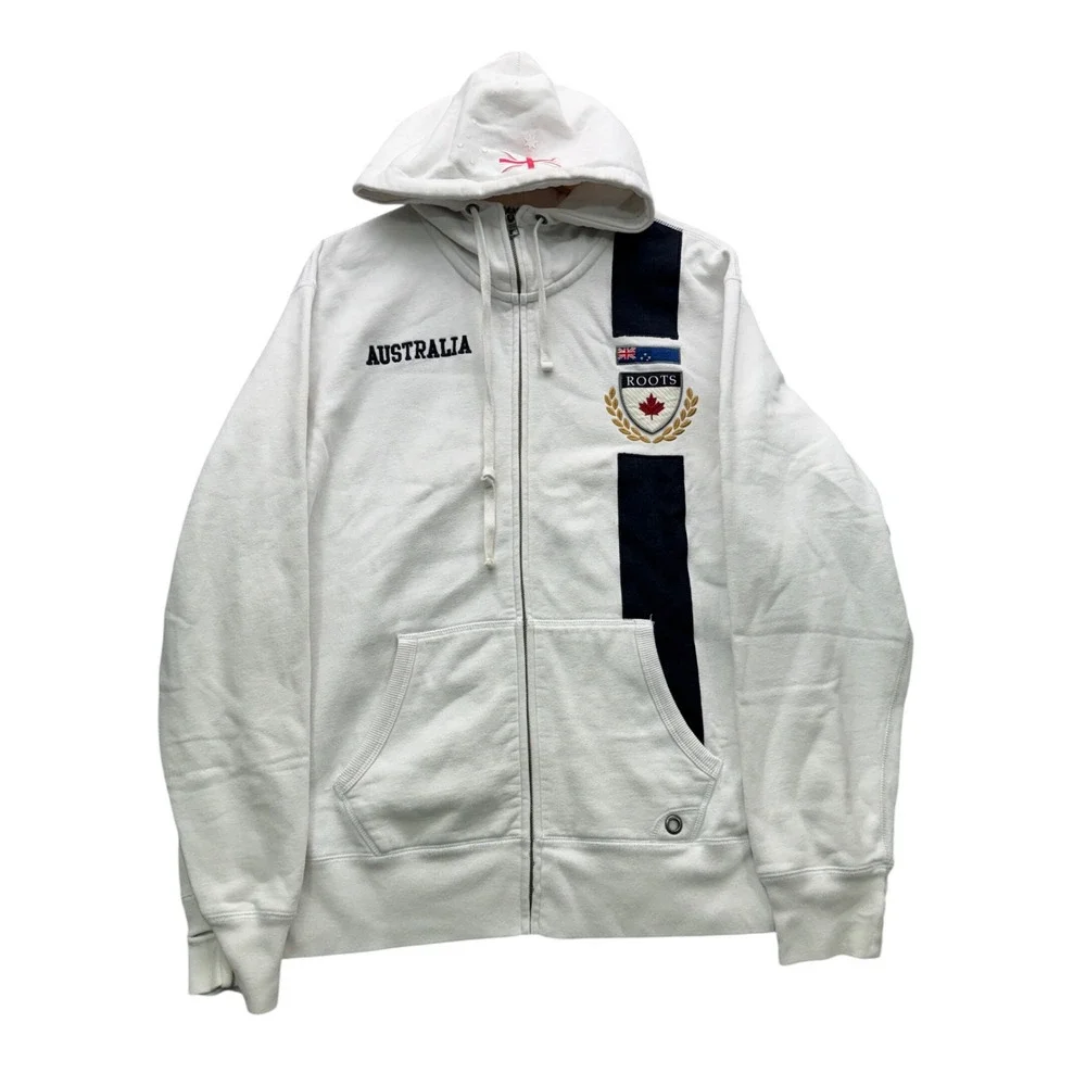 Roots Australia Olympic Full Zip Hoodie Mens XL White‎ Long Sleeve Fleece Fleece
